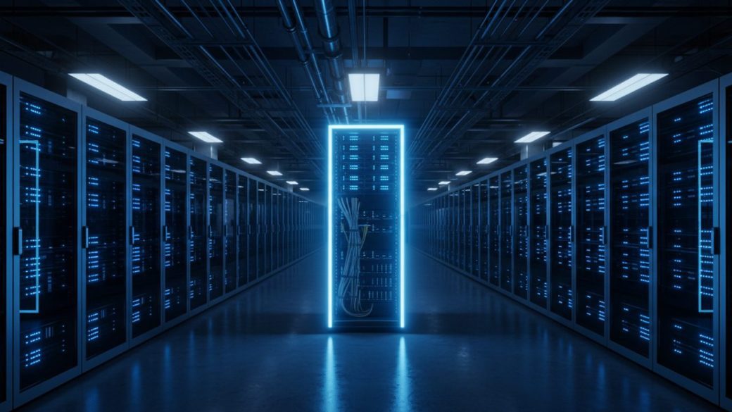 A sprawling data center hall lined with rows of glowing server racks, blue indicator lights stretching into the distance, conveying massive AI training compute