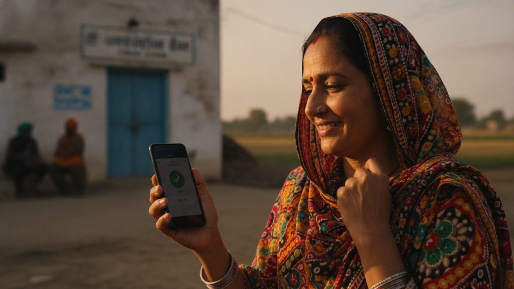 An Indian woman in Punjab checking a payment notification on her mobile phone outside a rural bank, smiling with relief, warm daylight
