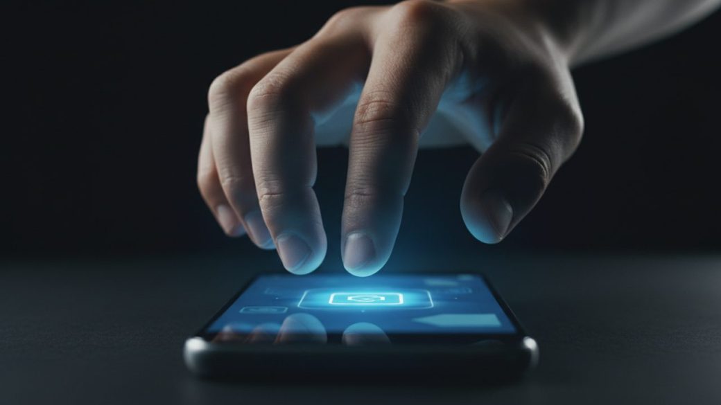 A single hand hesitating over a glowing smartphone consent checkbox, dramatic high-contrast lighting, clean dark uncluttered background