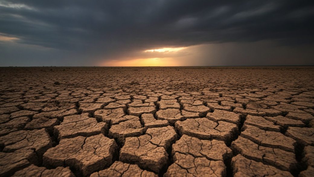 Dramatic close-up of dry, cracked Indian farmland under a heavy monsoon sky with a single distant rain cloud, golden backlight, high contrast, clean uncluttered background, no text or logos