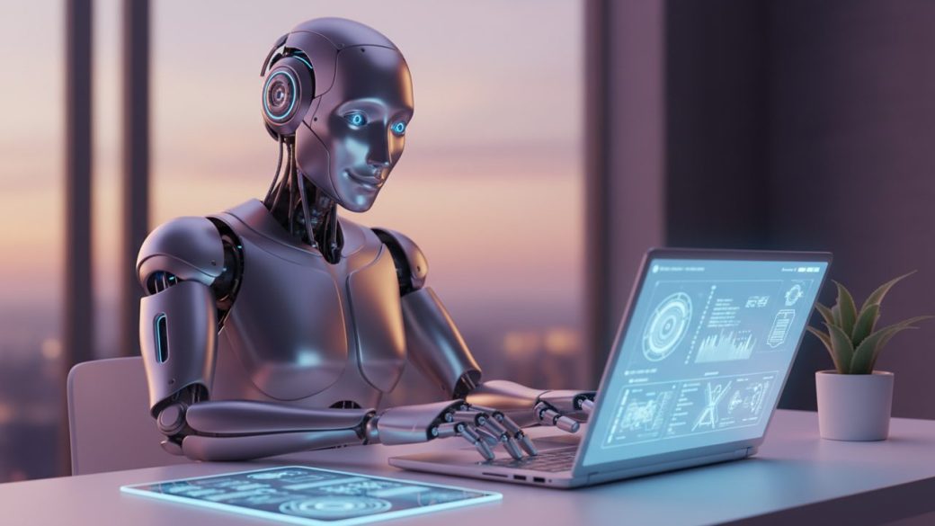 A friendly humanoid AI robot working at a glowing laptop on a clean desk against a soft blurred background, photorealistic news thumbnail.
