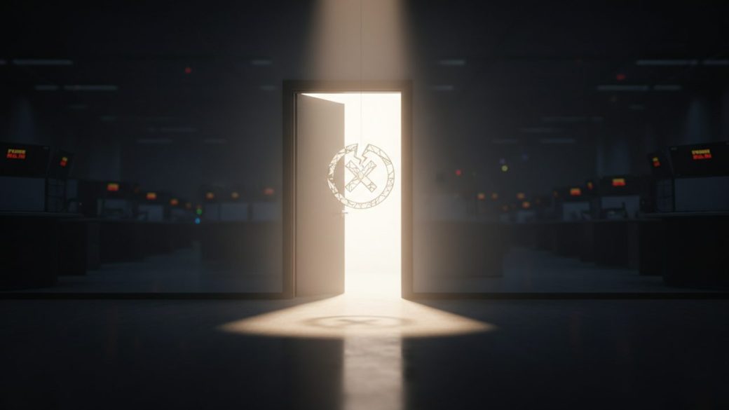 A single open exit door glowing at the edge of a stock-market trading floor, dramatic light beam, clean dark background, high-contrast symbol of a company leaving the market, no text or watermark