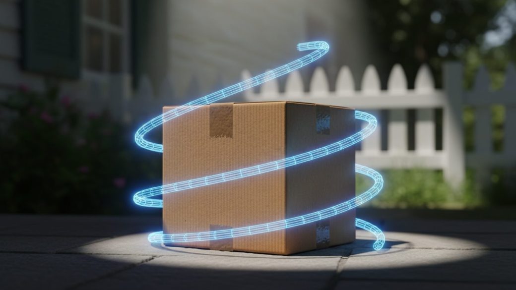 A single brown cardboard delivery parcel on a doorstep with a glowing blue AI route-line wrapping around it, clean blurred home background, dramatic focused lighting on the box, no text or watermark, high-contrast clickable composition