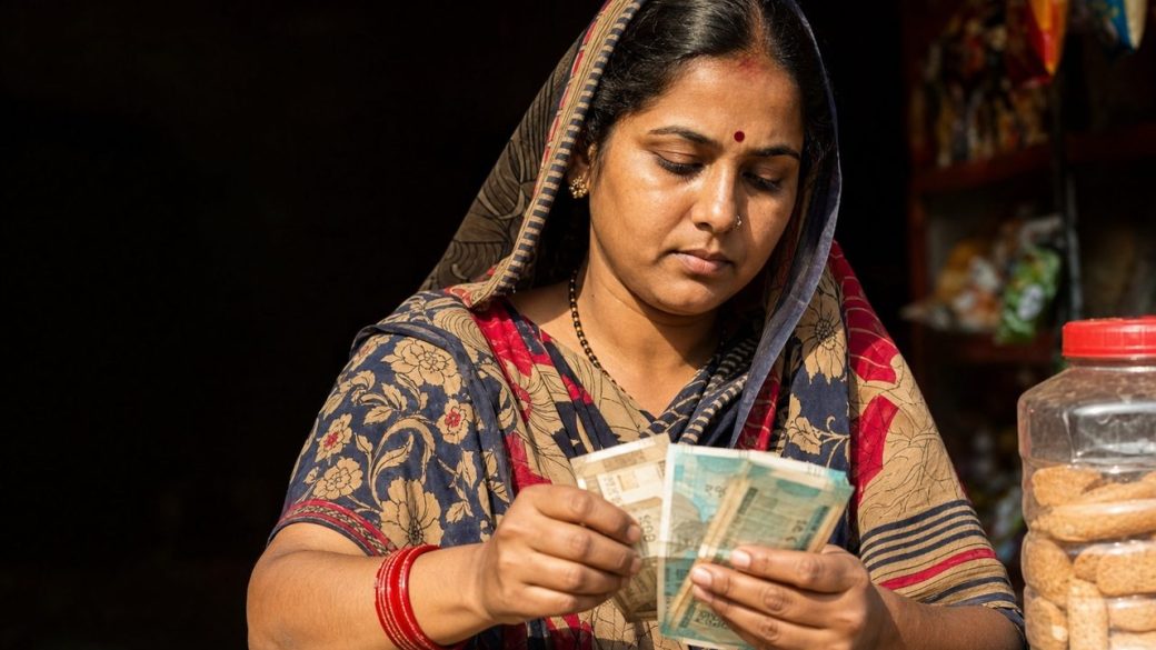 A rural Indian woman entrepreneur counting rupee notes at a small shop counter, warm dramatic side light, clean dark background, single focal subject, high contrast, no text