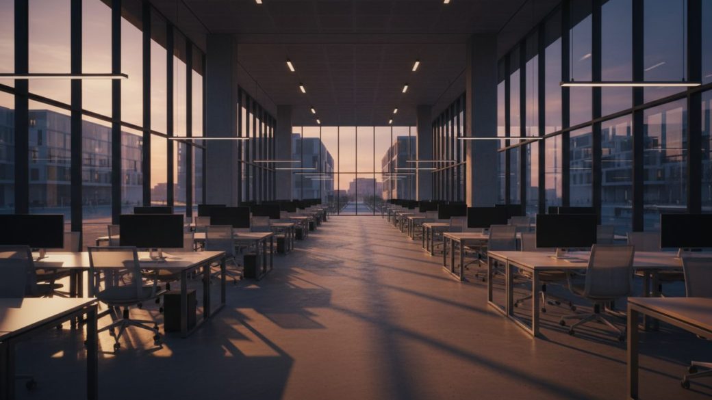 A sleek modern open-plan office campus interior, rows of empty desks under warm dramatic lighting, glass walls, clean uncluttered background, single focal corridor receding into the distance, high-contrast cinematic composition, no text or watermark