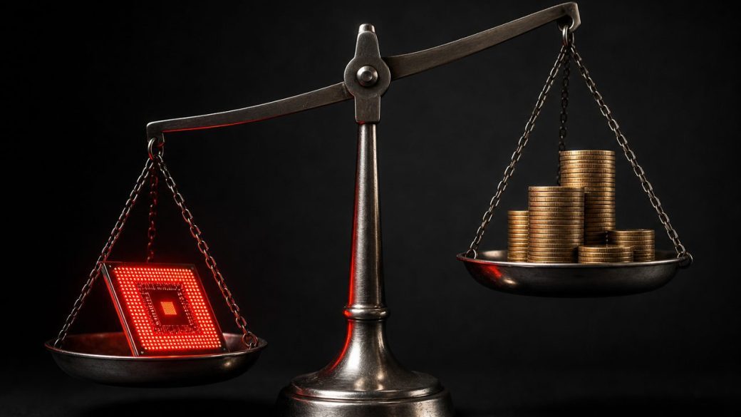 A balance scale tipping with a glowing red AI chip on one side and a stack of dollar coins on the other, dramatic side lighting, clean dark background, single focal subject, high contrast