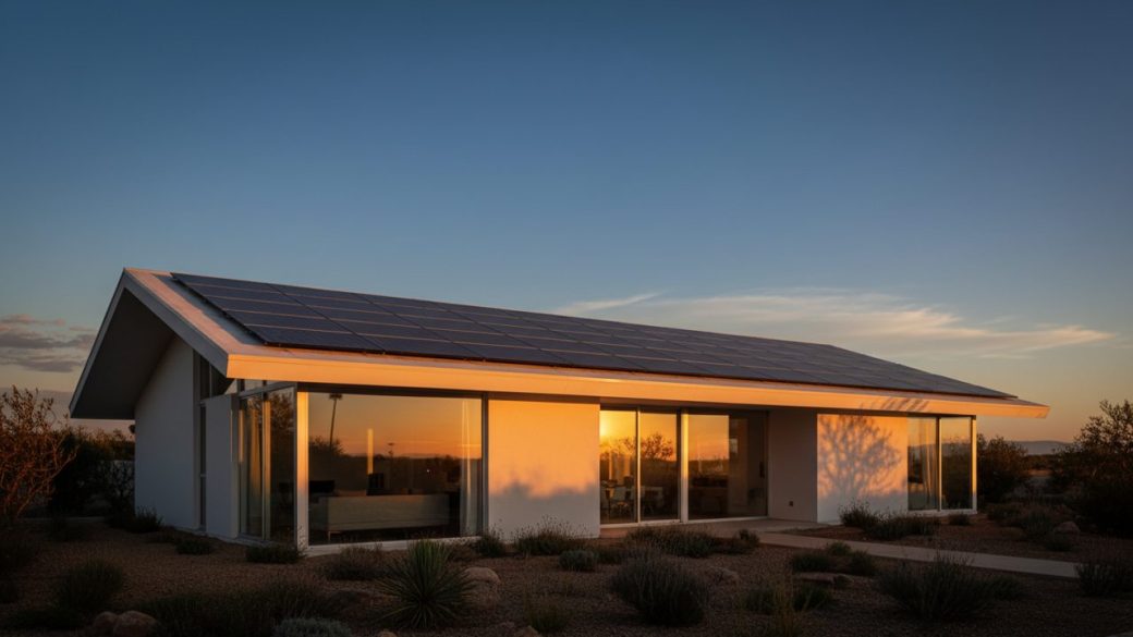 Solar panels on a modern Indian home rooftop glowing under dramatic golden sunset light, clean blue sky background, high contrast, no text or logos