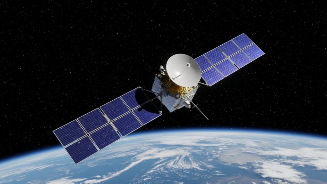 A solar-paneled data-center satellite glinting in sunlight against the deep black of space above a curved blue Earth, dramatic side lighting, high contrast, no text or logos