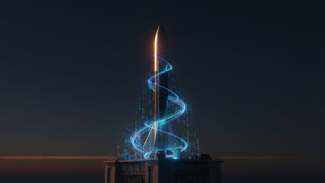A single sleek rocket standing on a launch pad at dusk with glowing code-like light trails rising from its base, dramatic high-contrast lighting, clean dark background
