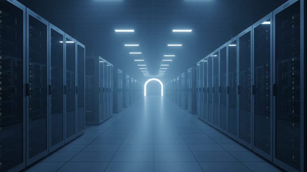 A vast glowing data centre hall filled with rows of Nvidia AI server racks receding into the distance, single dramatic focal corridor, cinematic blue lighting, clean uncluttered composition, photorealistic, no text or watermark