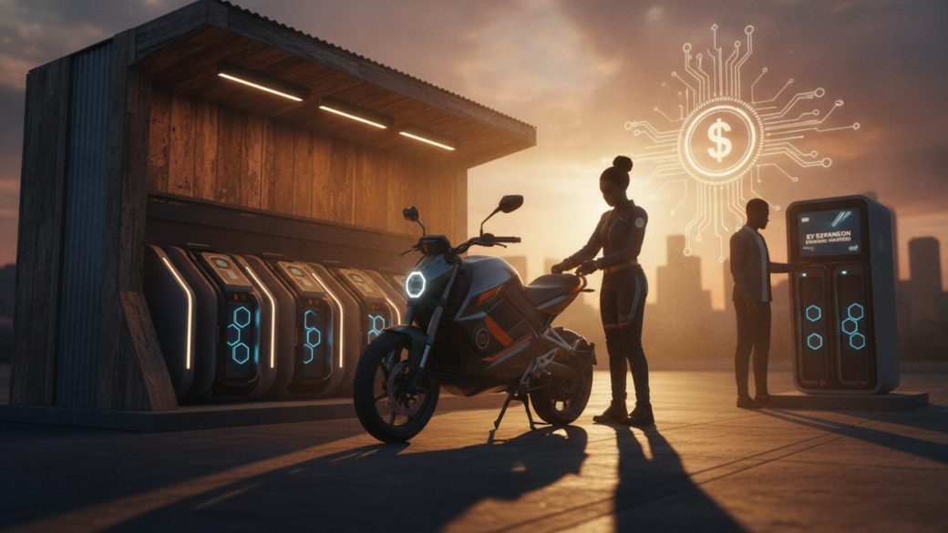 Spiro electric motorbike at an African battery-swapping station after $55 million funding