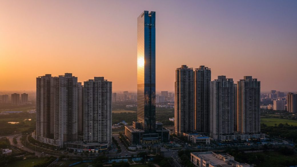 A modern Indian city skyline of residential apartment towers at golden hour, with one tall glass building catching the light, symbolizing a property-technology company reaching a billion-dollar milestone