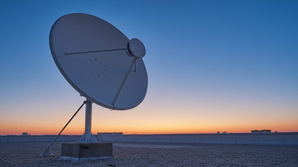 A small white satellite internet dish on a rural Indian rooftop pointed at a dramatic dusk sky with a single faint streak of orbiting satellites, clean uncluttered background, high contrast dramatic lighting, no text or logos