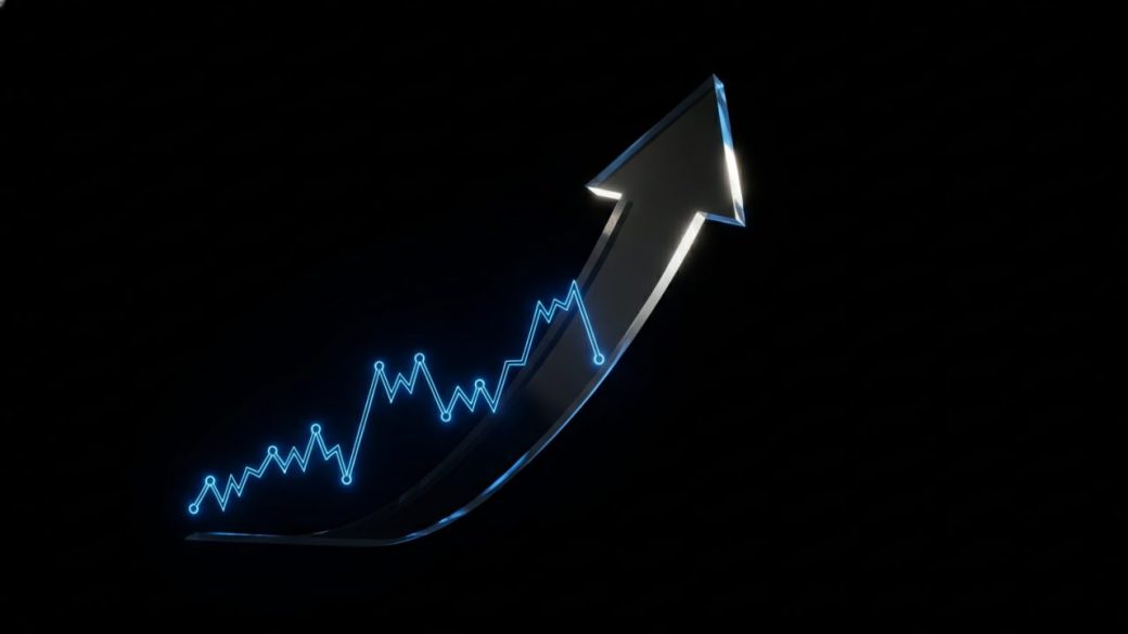 A single glowing stock chart line transforming into a calm clear arrow, dramatic high-contrast lighting, clean dark background, no text or logos