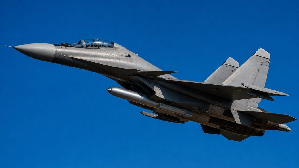 A single Sukhoi Su-30MKI fighter jet banking against a clear sky with a BrahMos cruise missile mounted under its belly, dramatic side lighting, high contrast, no text