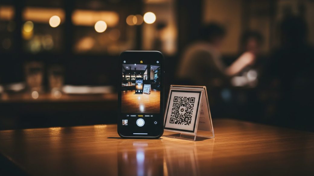 A single smartphone on a restaurant table scanning a QR code on a small stand, warm soft background, dramatic lighting, high contrast, single clear subject
