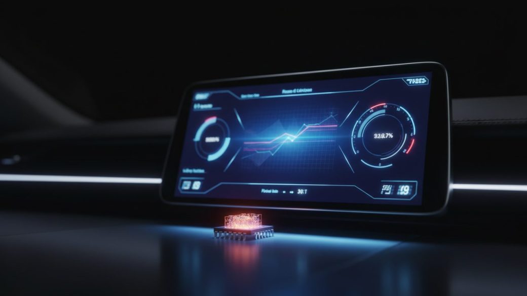A glowing car dashboard display lit by a tiny semiconductor chip resting in the foreground, clean dark studio background, photorealistic news thumbnail, no text or logos.