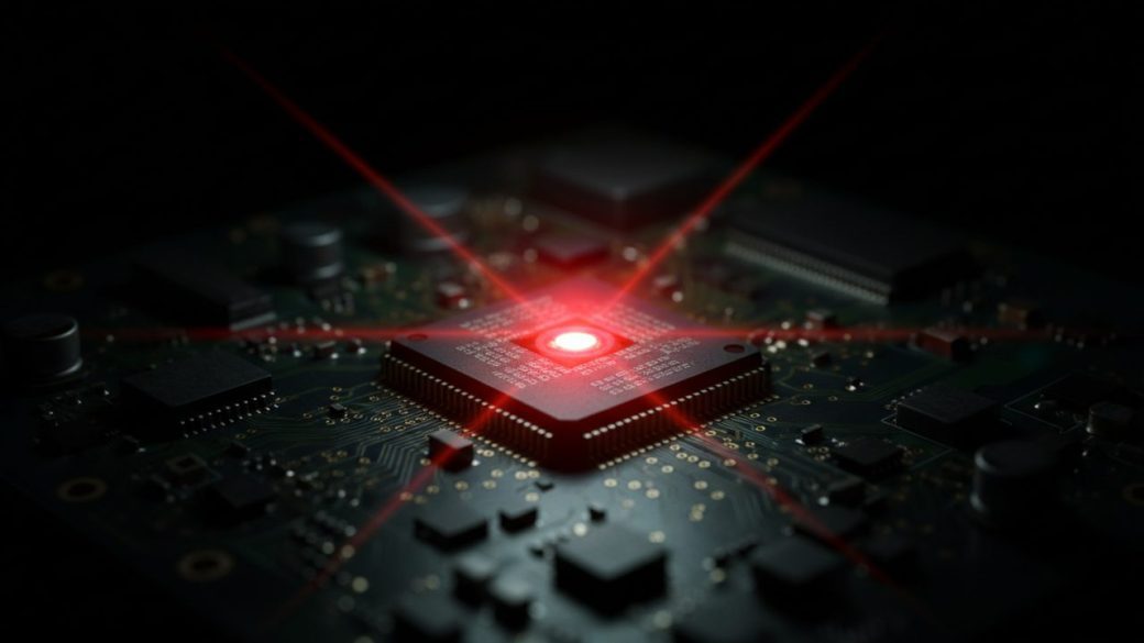 A silicon chip on a circuit board glowing with a single red warning light at its center against a dark background.