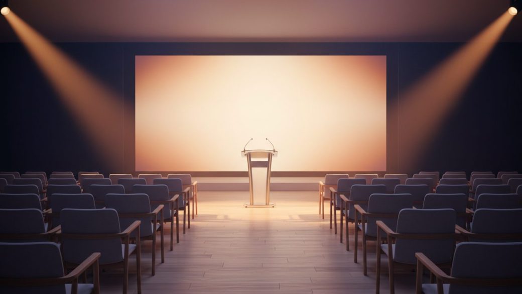 A bright modern co-working tech space with an empty stage and rows of laptops, warm dramatic lighting, clean uncluttered background, photorealistic, no text or logos