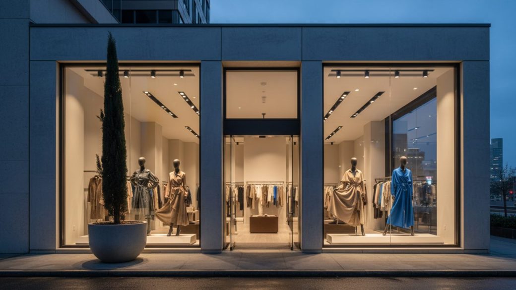 A bright Zudio-style fashion retail storefront at dusk, single clean shopfront as the focal subject, dramatic lighting, high-contrast composition, no text or watermark