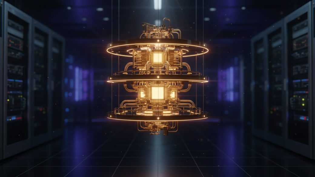 A glowing golden quantum-computer processor chandelier suspended in a clean dark research lab, single focal subject, photorealistic, no text