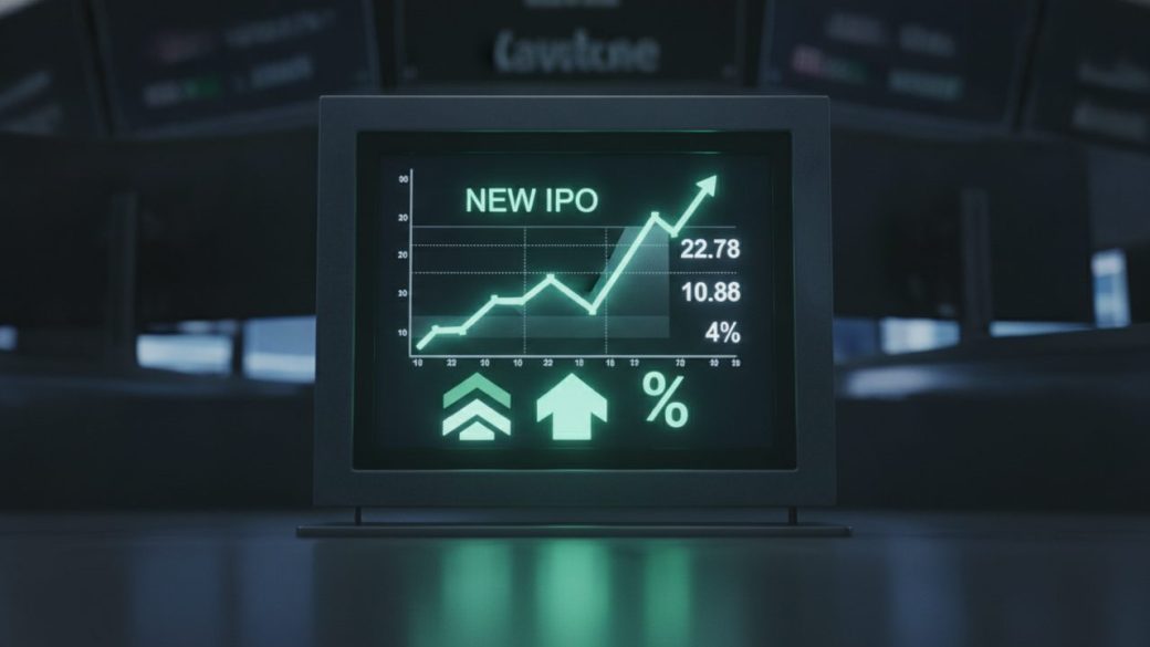 A glowing stock-exchange ticker board displaying a rising IPO listing, single focal screen against a dark trading-floor background, dramatic high-contrast lighting, no text or watermark.