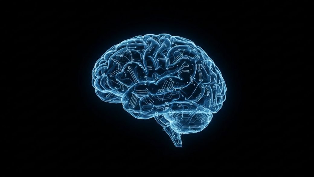 A single glowing human-brain silhouette made of interconnected circuit nodes on a dark background, dramatic blue lighting, clean high-contrast composition symbolising AI agent memory, no text or watermark