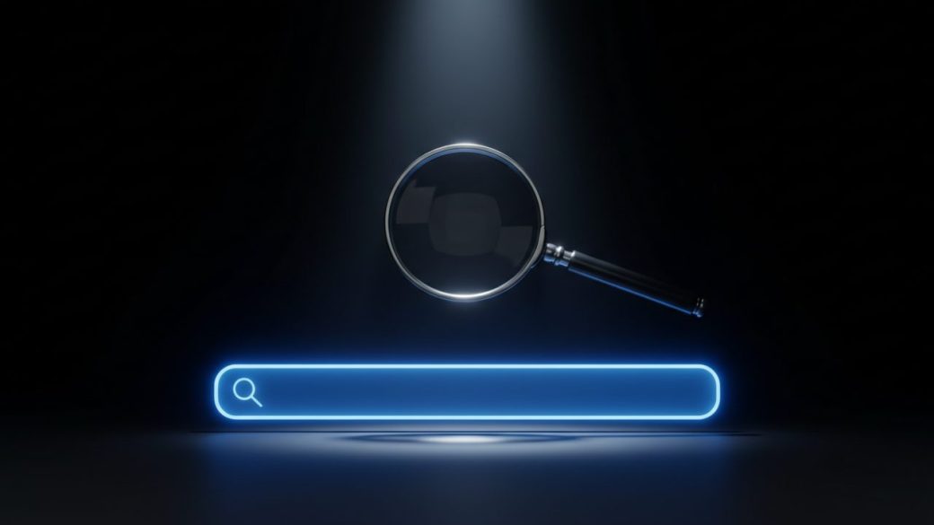 A single magnifying glass hovering over a glowing search bar, dramatic high-contrast lighting, clean uncluttered dark background