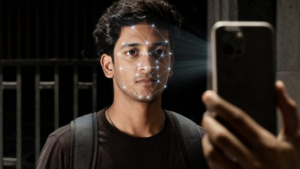 A young exam candidate facing a smartphone camera at a UPSC centre gate as a glowing facial-recognition scan overlay maps their face, dramatic side lighting, clean dark background, high contrast, no text