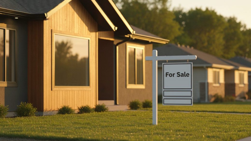 A modern suburban single-family home at golden hour with a 'For Sale' sign in the front yard, dramatic side lighting, clean blurred background, high contrast, no text or logos
