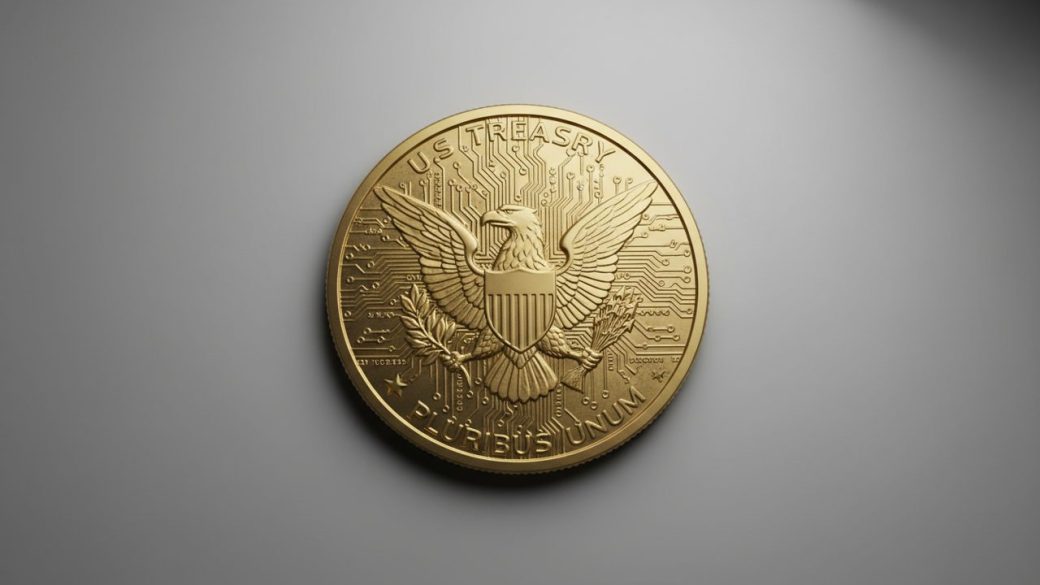 A gleaming gold US Treasury coin stamped with a microchip circuit pattern resting on a clean neutral surface, soft studio lighting, photorealistic news thumbnail.