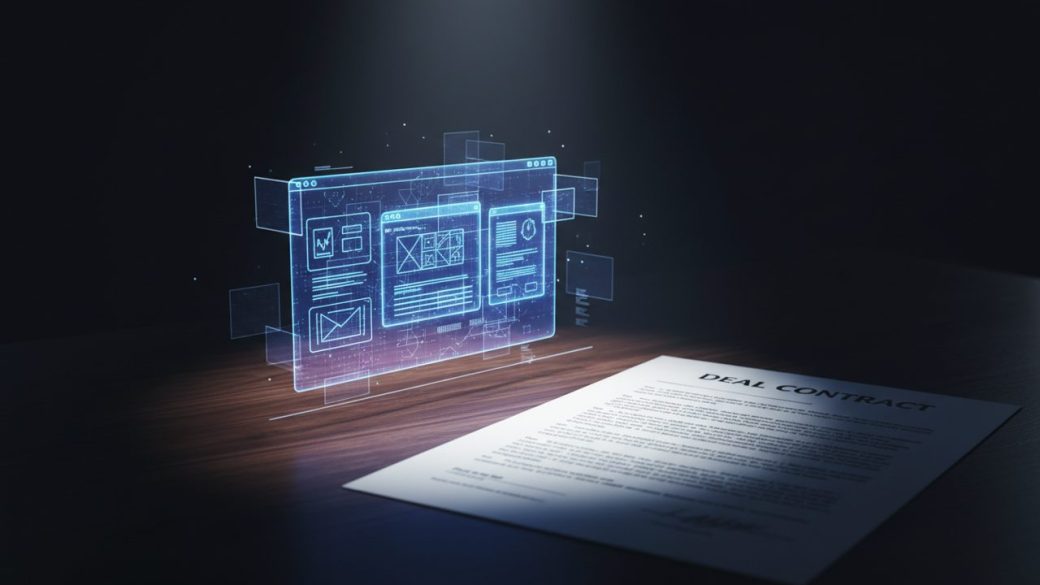 A glowing AI hologram rebuilding a software app interface beside a deal contract on a dark desk, single dramatic spotlight, high-contrast tense composition, no text