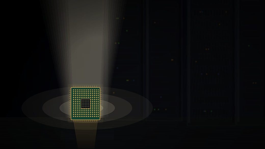 A small glowing microchip standing tall beside towering dim server racks, dramatic spotlight on the tiny chip, dark uncluttered background, high contrast, no text