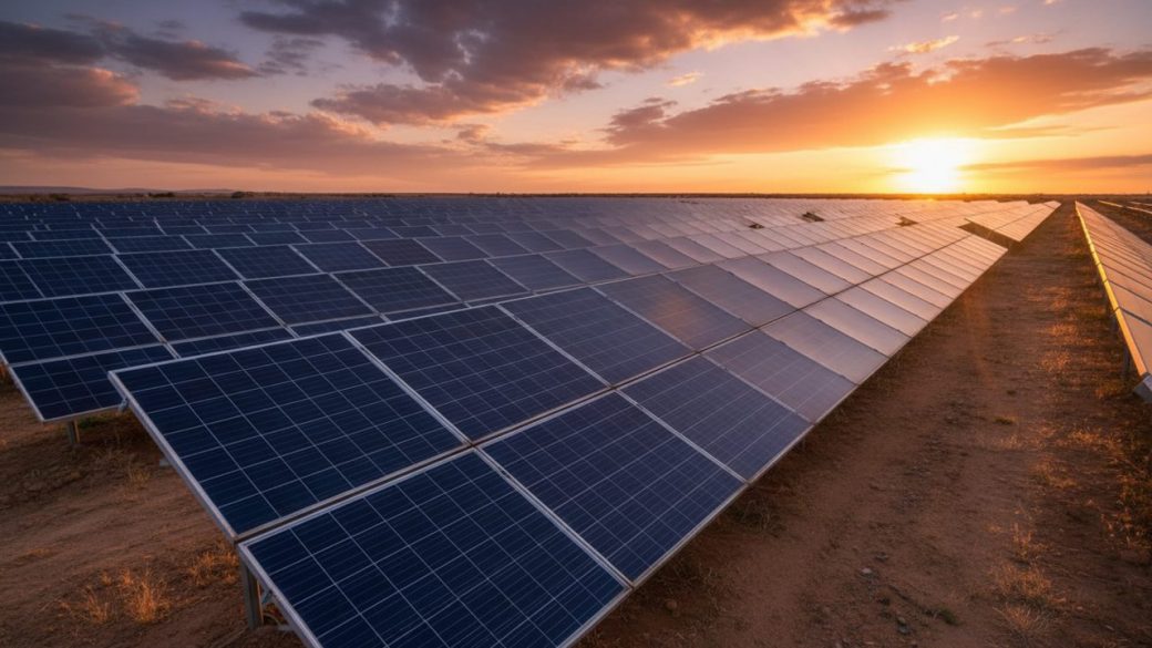 A vast solar panel farm at golden-hour with rows of dark blue photovoltaic modules stretching to the horizon under dramatic warm sunlight, one clean focal row leading the eye, no text or watermark, high-contrast clickable composition