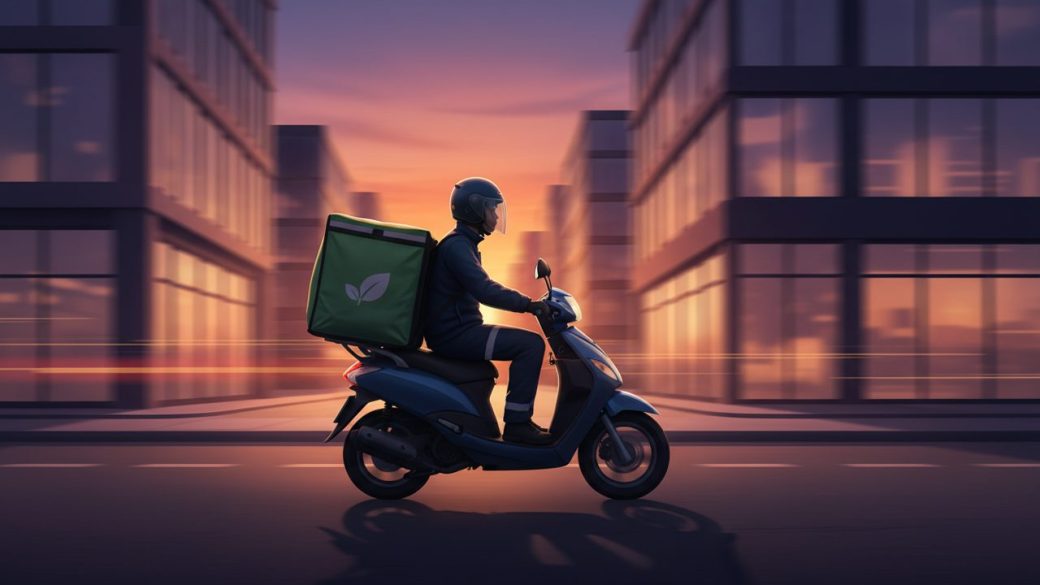 A single delivery rider on a scooter speeding through an Indian city street at dusk with a glowing grocery bag, motion blur, dramatic lighting, high-contrast quick-commerce theme, no text or watermark