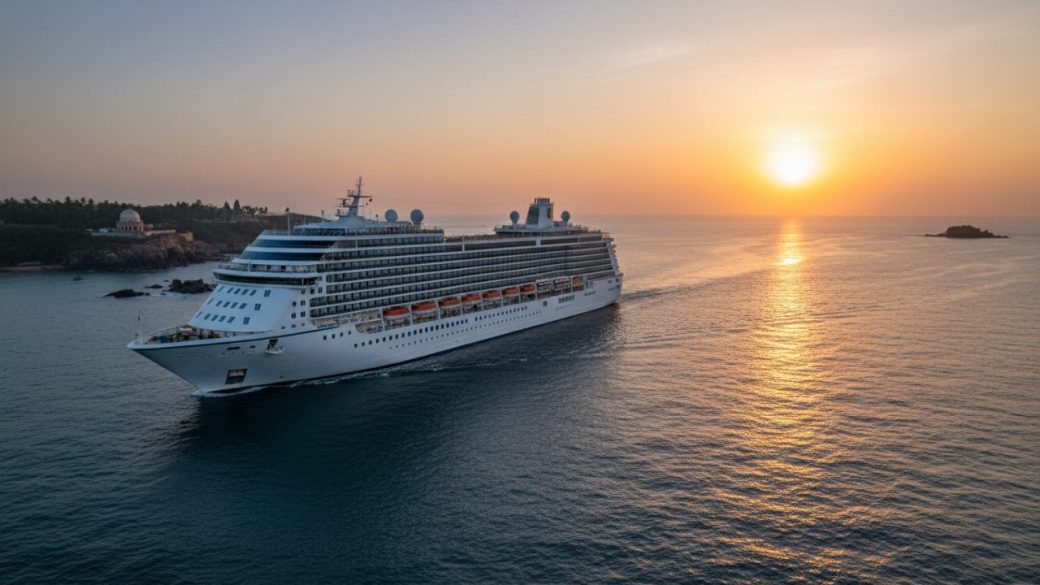 A large white ocean cruise ship sailing on calm blue sea near an Indian coastline at golden sunset, with the deck and rows of cabins clearly visible