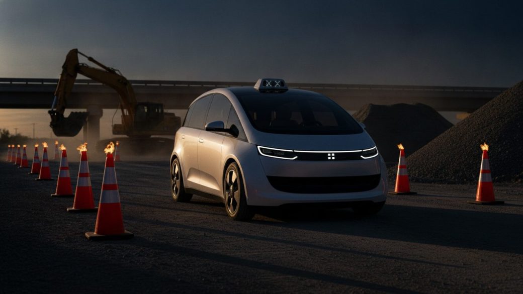 A sleek white driverless robotaxi stopped at the edge of a freeway construction zone marked by glowing orange cones, dramatic low evening light, deep shadows, high contrast, clean uncluttered background, no text or logos