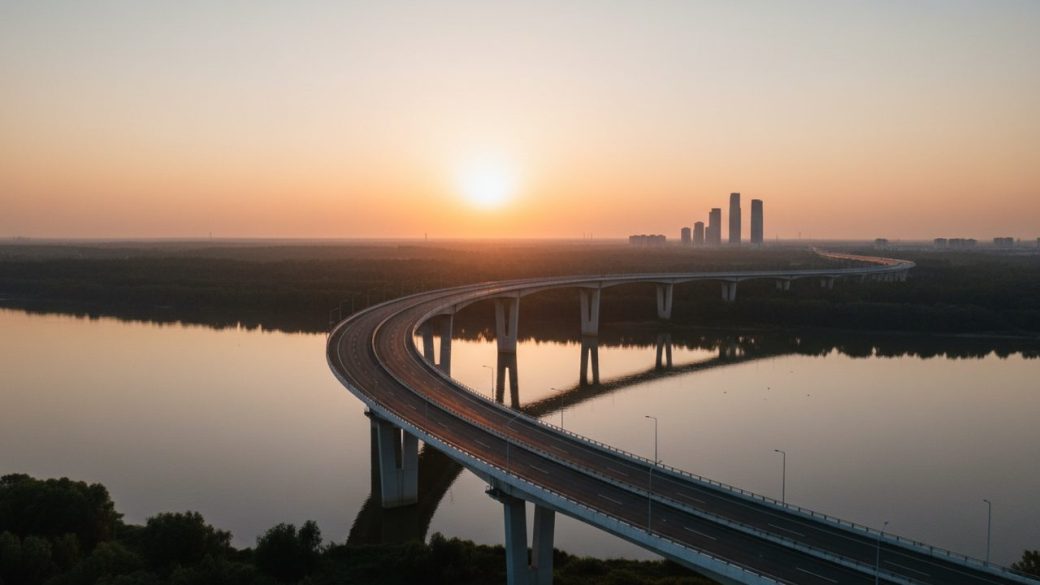 A wide elevated highway bridge over a calm river at golden hour, dramatic side lighting, clean uncluttered sky background, high contrast, no text or logos