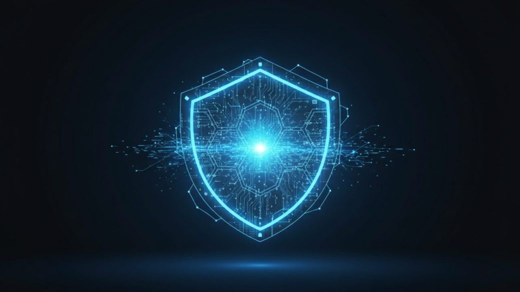A glowing AI-powered cybersecurity shield protecting a network, dramatic blue lighting against a clean dark background, high-contrast single-subject composition, no text