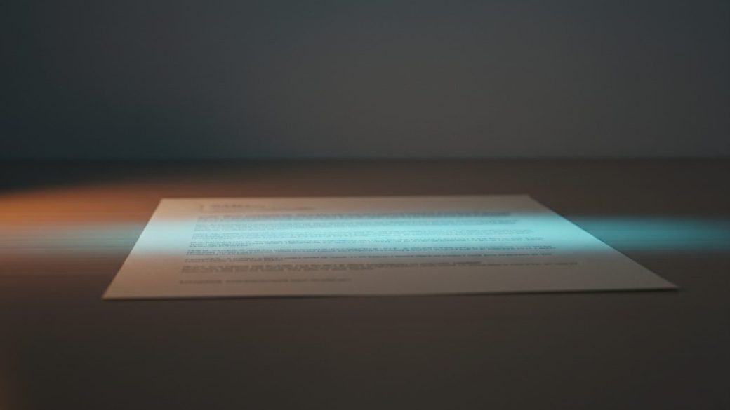 A single résumé on a desk being scanned by a glowing red AI grid, a large rejection stamp half-formed above it, dramatic moody lighting, clean uncluttered background, high-contrast cinematic composition, no text or watermark