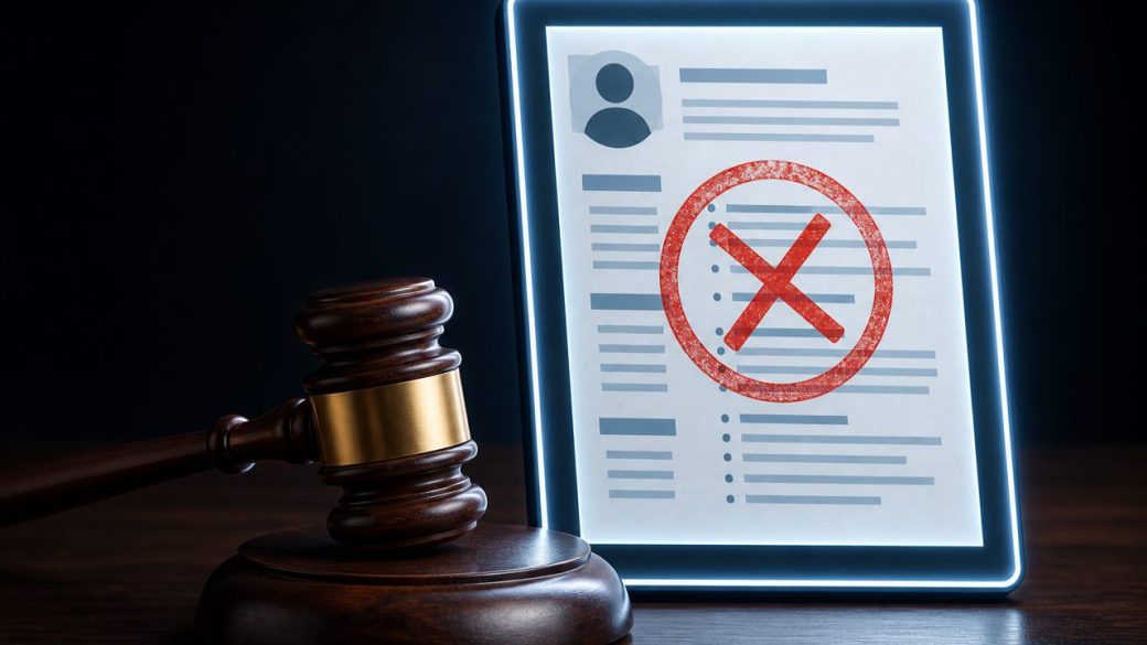 A gavel resting beside a glowing AI-screened resume marked with a red rejection stamp, dramatic courtroom lighting, clean dark background, single focal subject, high contrast