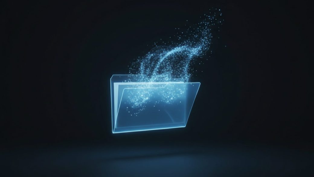 A single glowing blue medical folder floating against a clean dark background, soft data-light streaming from its open edge, dramatic high-contrast lighting, photorealistic, no text