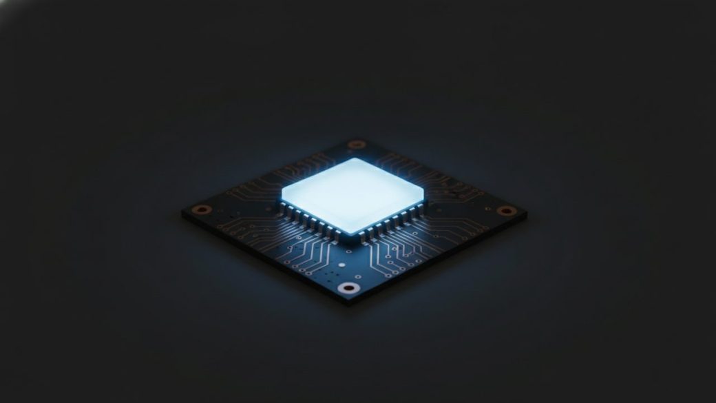 A single glowing NAND flash memory chip on a dark circuit board, dramatic high-contrast lighting, clean uncluttered background, no text