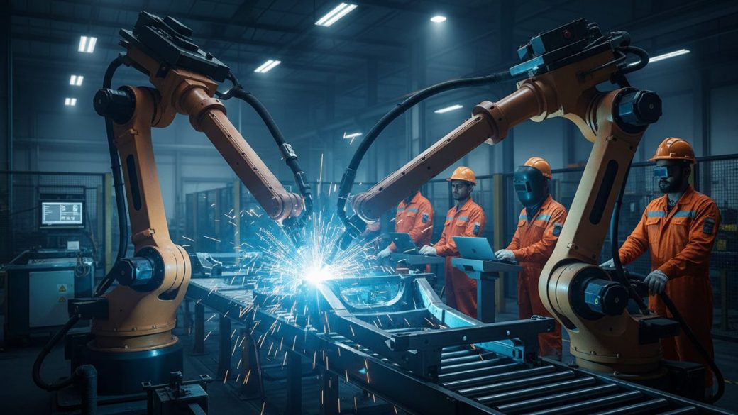 A modern Indian factory floor with robotic welding arms shaping steel parts under bright industrial lighting, workers in safety gear monitoring the production line