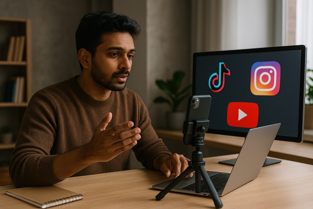 A young modern creator sitting in a casual workspace, surrounded by content creation tools like a camera, laptop, and lights—symbolizing the evolution from content creator to entrepreneur.