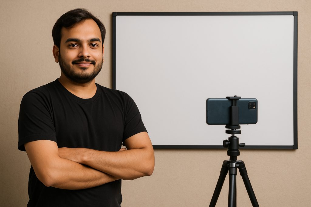 A young man in a black t-shirt standing confidently in front of a whiteboard with a smartphone on a tripod, representing the early days of Physics Wallah's YouTube journey.