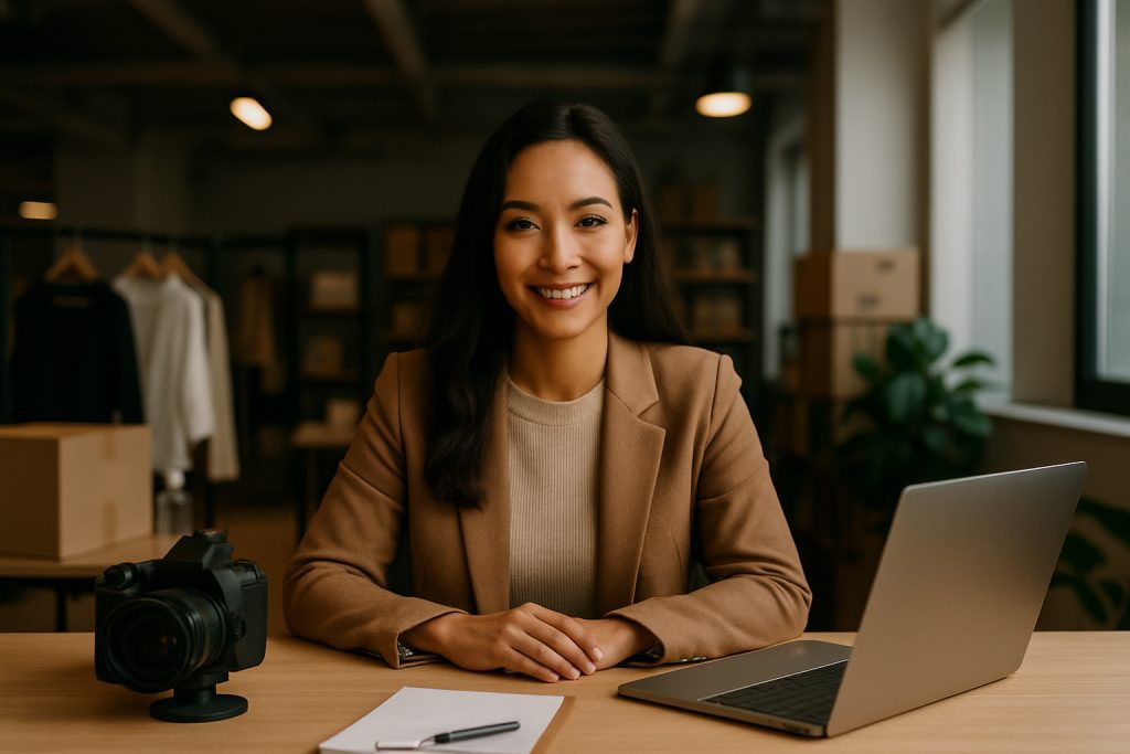 A confident young woman in a beige sweater and camel blazer sits at a desk in a modern office with a camera, laptop, and clipboard, symbolizing the evolution of creators into business leaders.