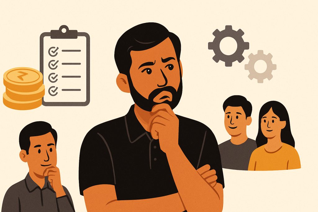 A thoughtful Indian entrepreneur surrounded by icons of money, checklist, gears, and a happy team, reflecting on smart work and productivity without using any text.