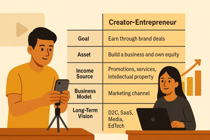Side-by-side image of an influencer recording with a smartphone and a creator-entrepreneur building a business on a laptop, with a simple comparison chart in the background.