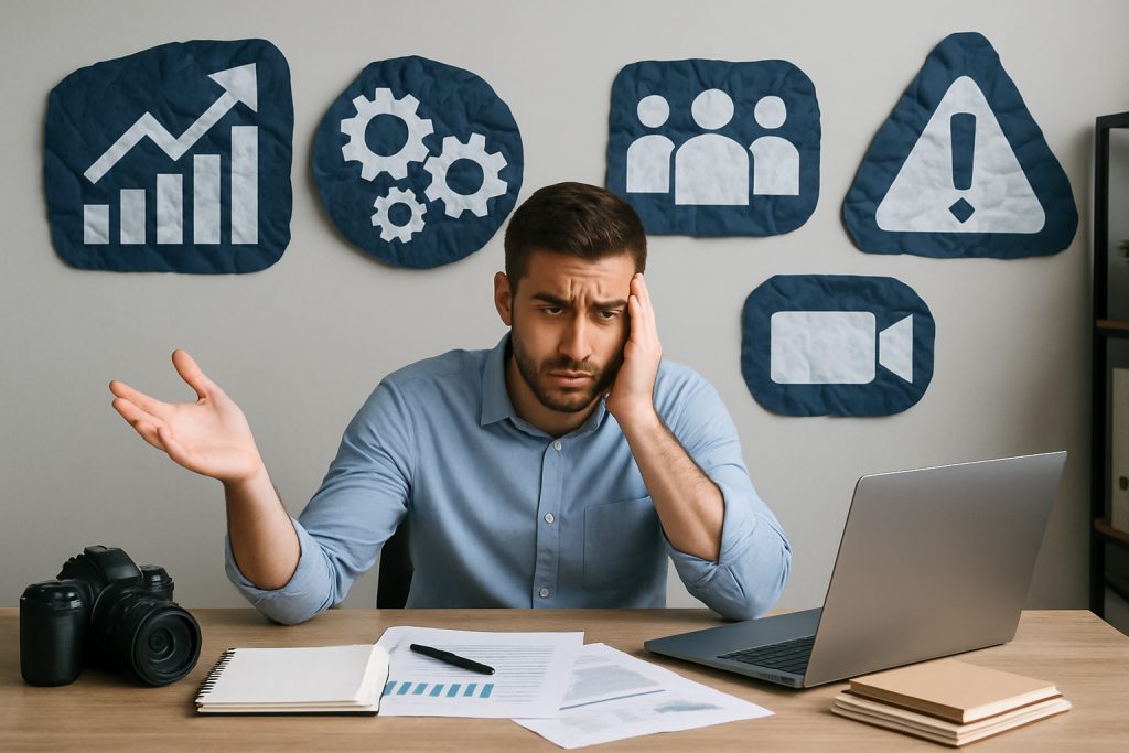 A frustrated young man with a beard sits at a wooden desk in a modern office, wearing a light blue shirt. He rests his head on one hand while gesturing with the other. Surrounding him are a laptop, camera, papers, and notebook. Business-themed icons like charts, gears, people, and a warning sign are displayed on the wall behind him, symbolizing challenges faced by creator-founders.